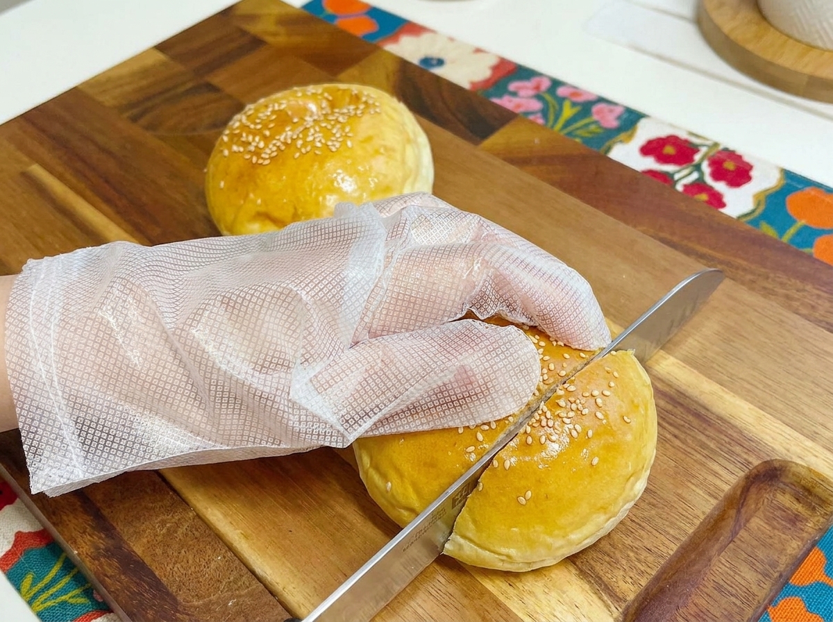 Przekrojona bułka do burgera leżąca na drewnianej desce.