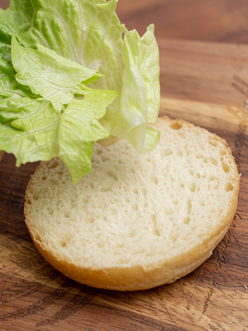 Świeże, zielone liście sałaty kładzione na dolnej połówce białej bułki do burgera.