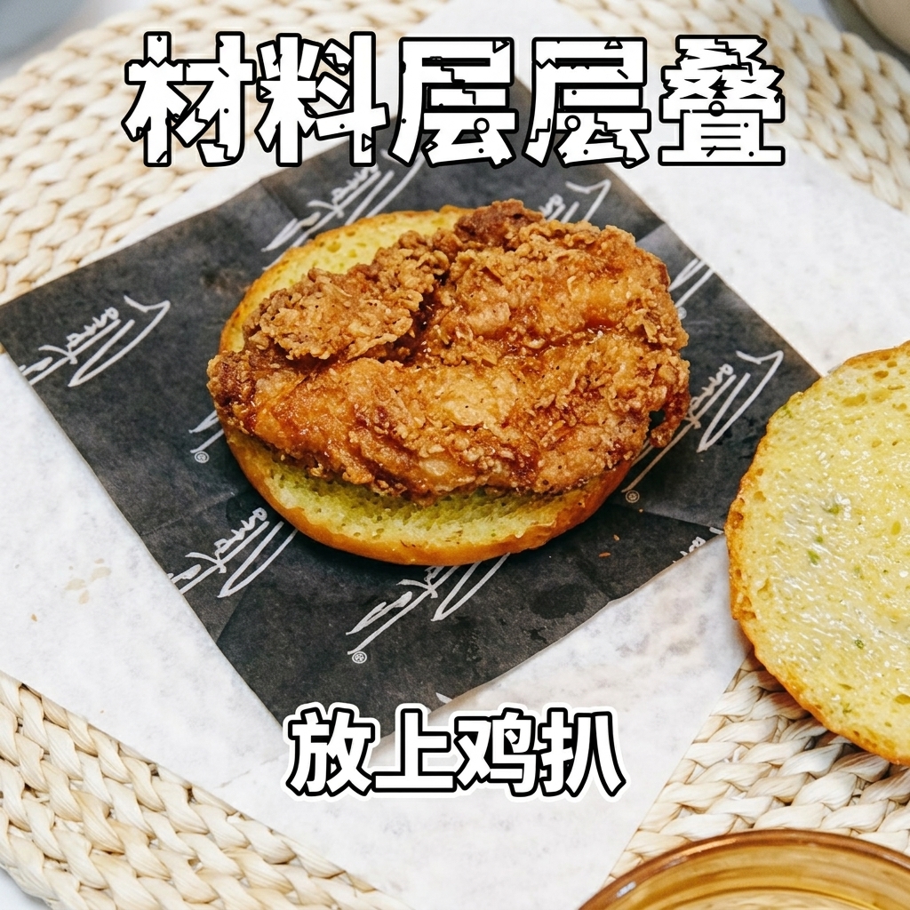 Usmażone kawałki kurczaka teriyaki na dolnej połówce przypieczonej bułki.
