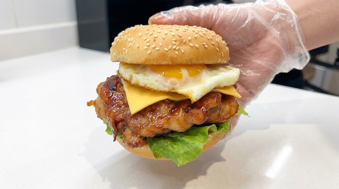 Domowy Burger z Kurczakiem Teriyaki i Jajkiem