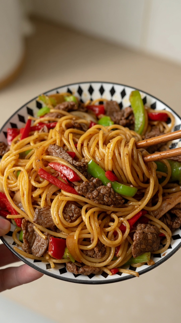 Smażony makaron spaghetti z polędwicą wołową