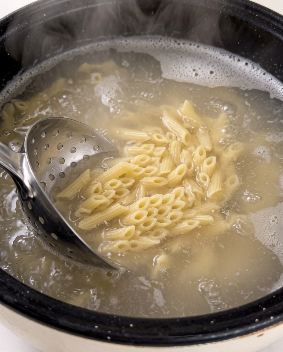 Makaron penne mieszany we wrzącej wodzie metalową łyżką cedzakową.
