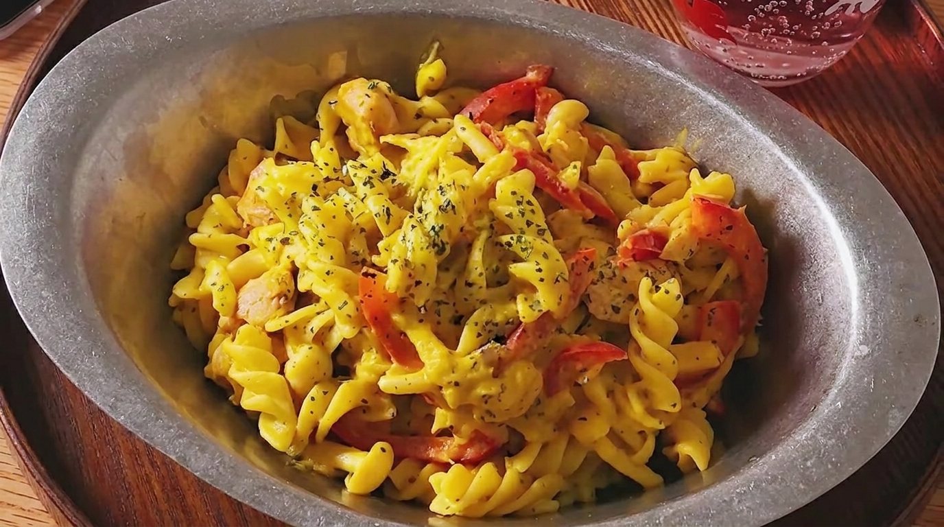 Miska kremowego makaronu fusilli z dynią, kurczakiem, pieczarkami i czerwoną papryką, udekorowana natką pietruszki.