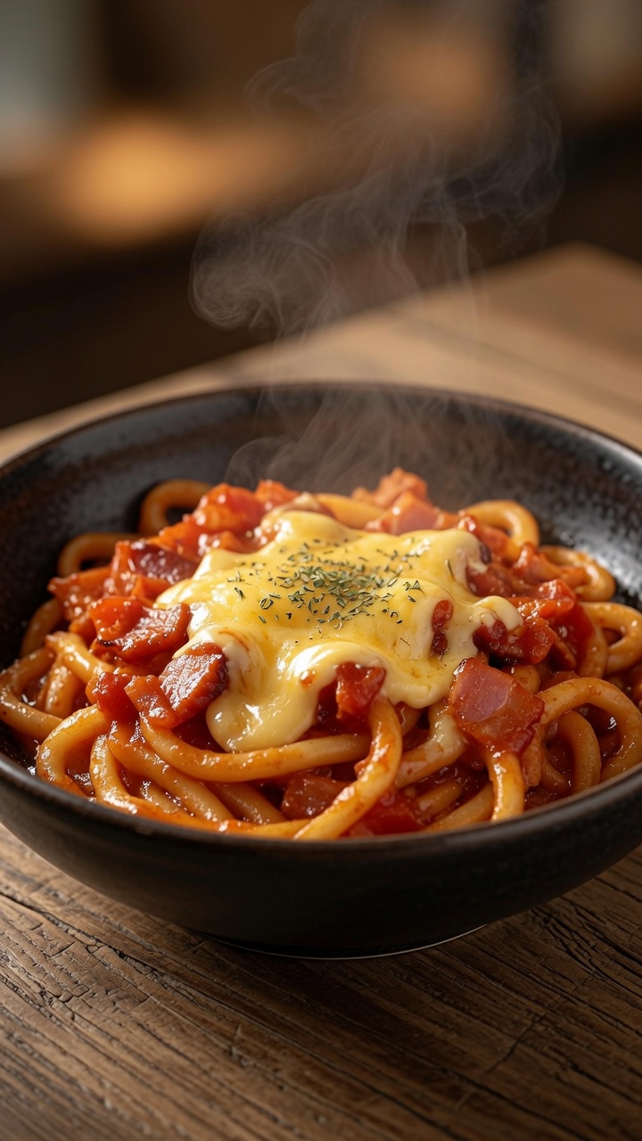 Udon z Pomidorami, Boczkiem i Serem