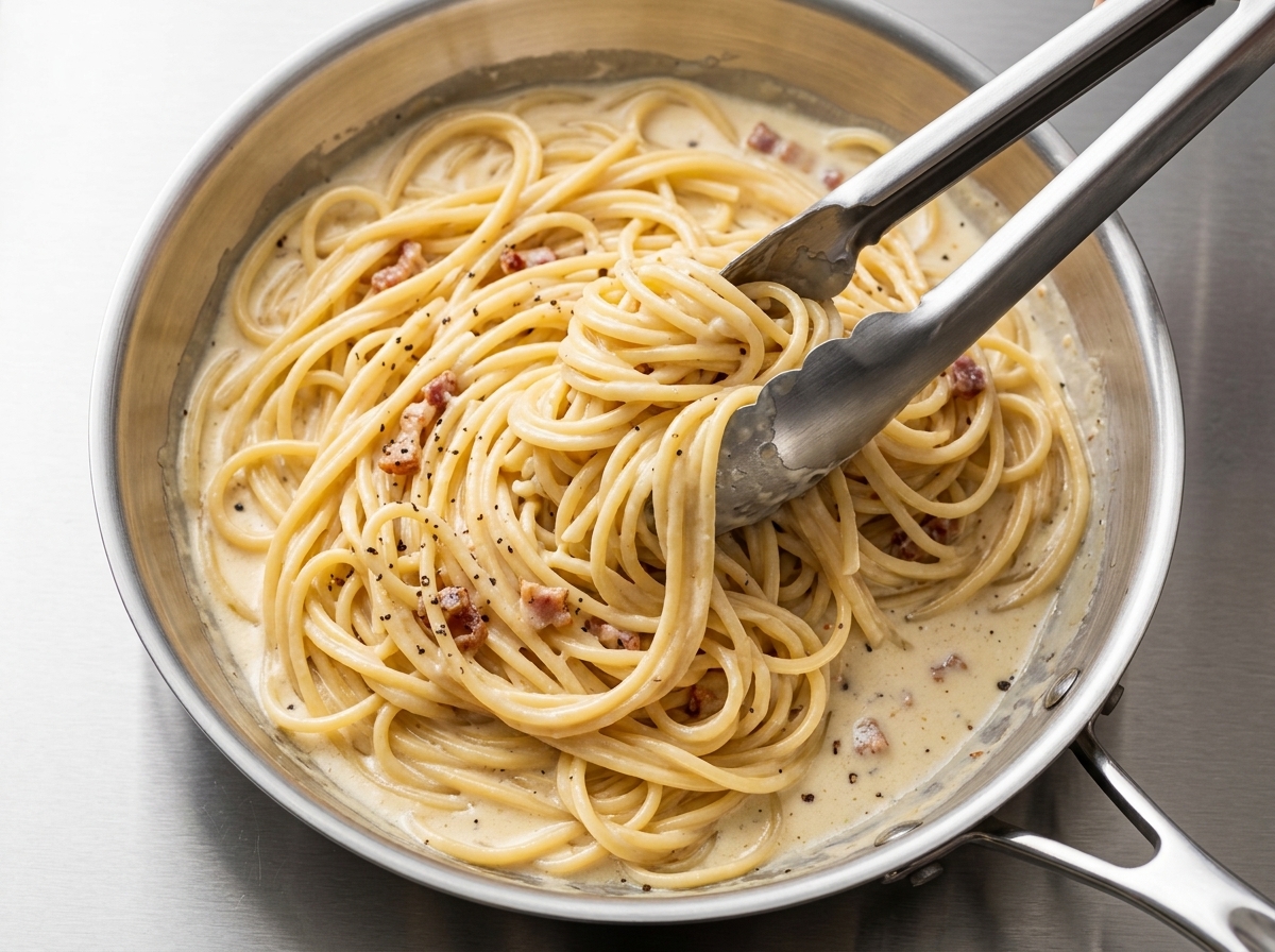 Wlewanie odrobiny wody z gotowania makaronu na patelnię z kremowym spaghetti.