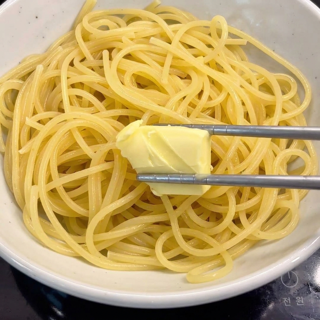 Kawałek masła roztapiający się w misce z gorącym, świeżo ugotowanym spaghetti.