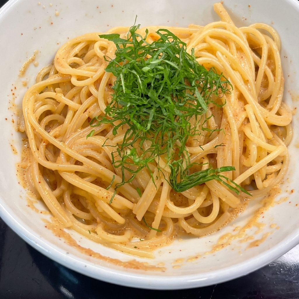 Pocięte zielone liście shiso posypywane na wierzch spaghetti mentaiko.