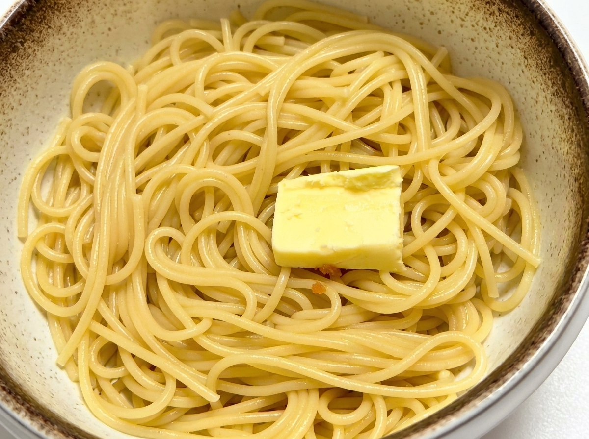 Miska gorącego spaghetti z kawałkiem masła na wierzchu.