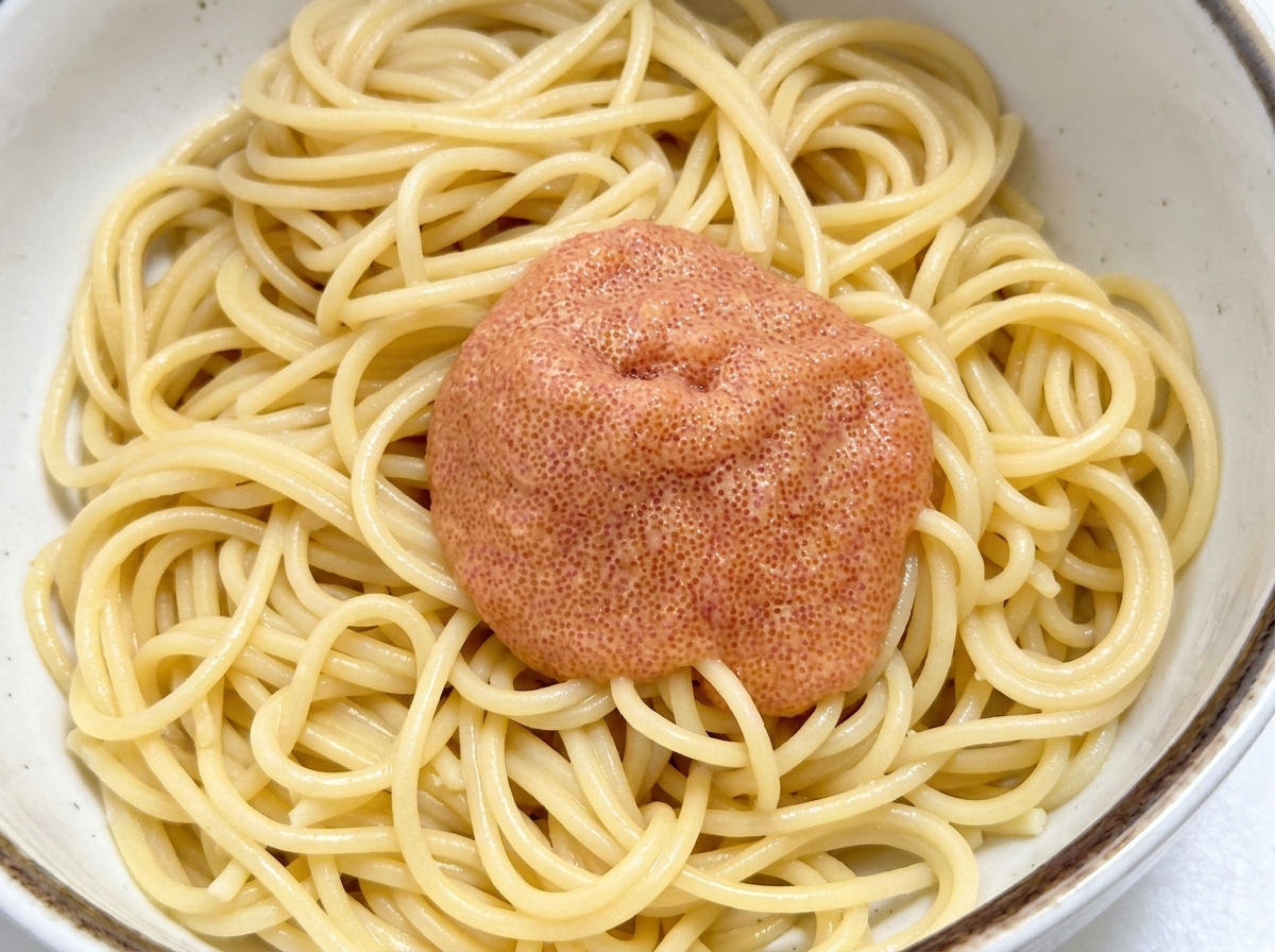 Porcja różowego sosu mentaiko nakładana na spaghetti z masłem.