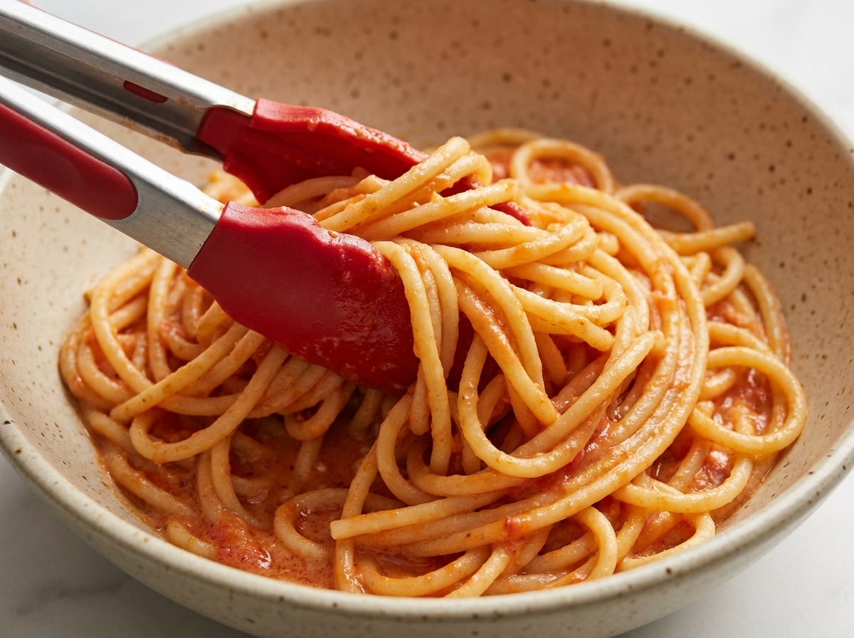 Szczypce mieszają spaghetti z różowym sosem w misce.