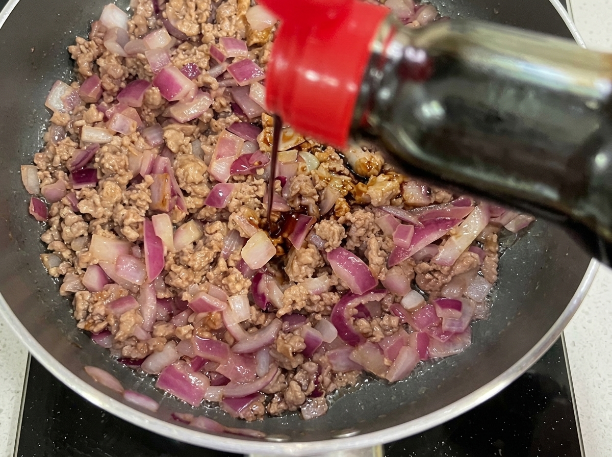 Ciemny sos sojowy i ketchup dodawane do smażonej wołowiny z cebulą.