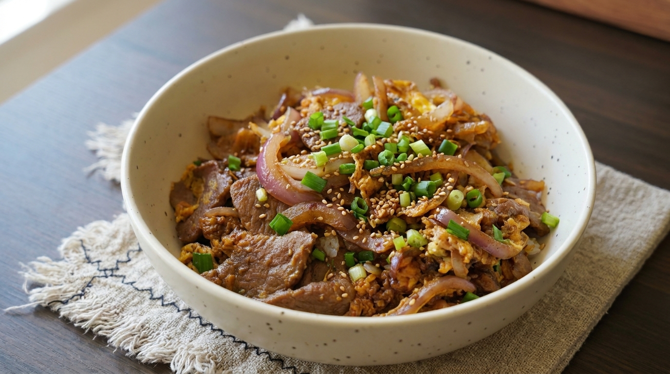 Szybka miska ryżu z wołowiną i cebulą (w stylu Gyudon)