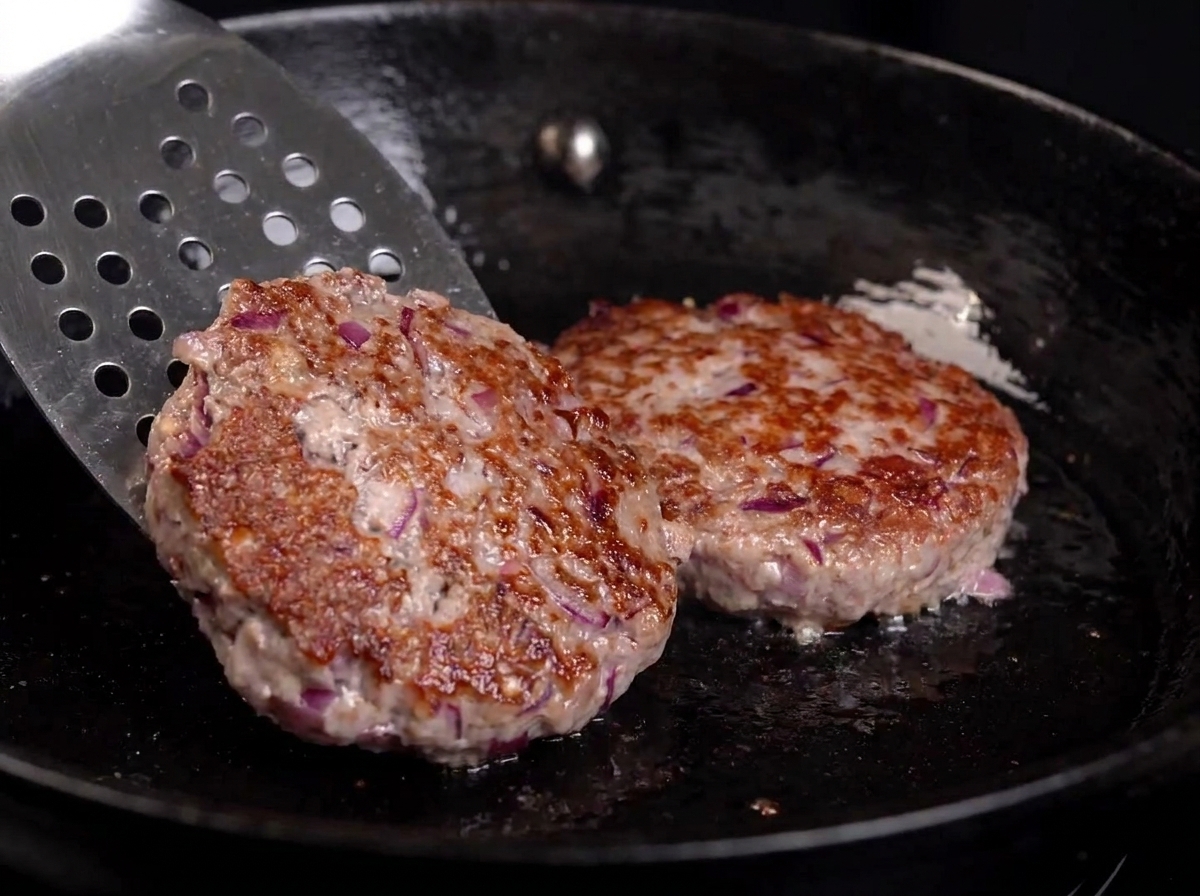 Metalowa łopatka odwracająca kotlet na patelni, odsłaniając głęboki, brązowy spód.