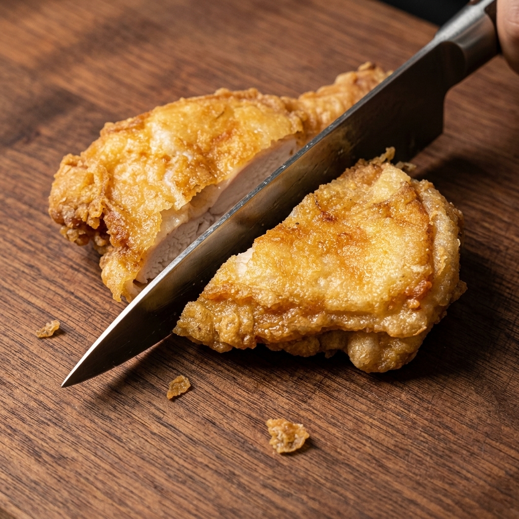 Chrupiący smażony kotlet z kurczaka krojony na drewnianej desce, ukazujący złotą panierkę i delikatne mięso.