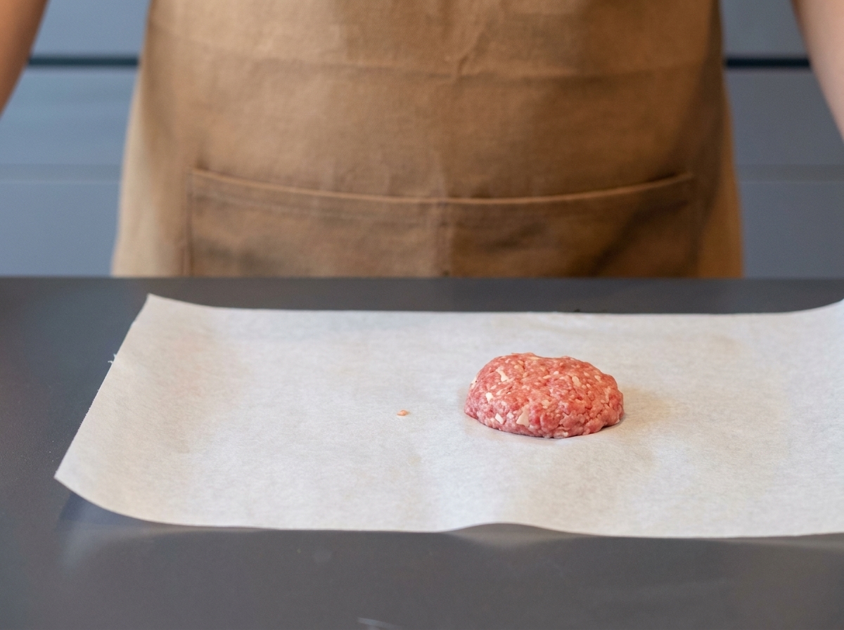 Surowy, idealnie uformowany okrągły kotlet mięsny leżący na papierze do pieczenia.