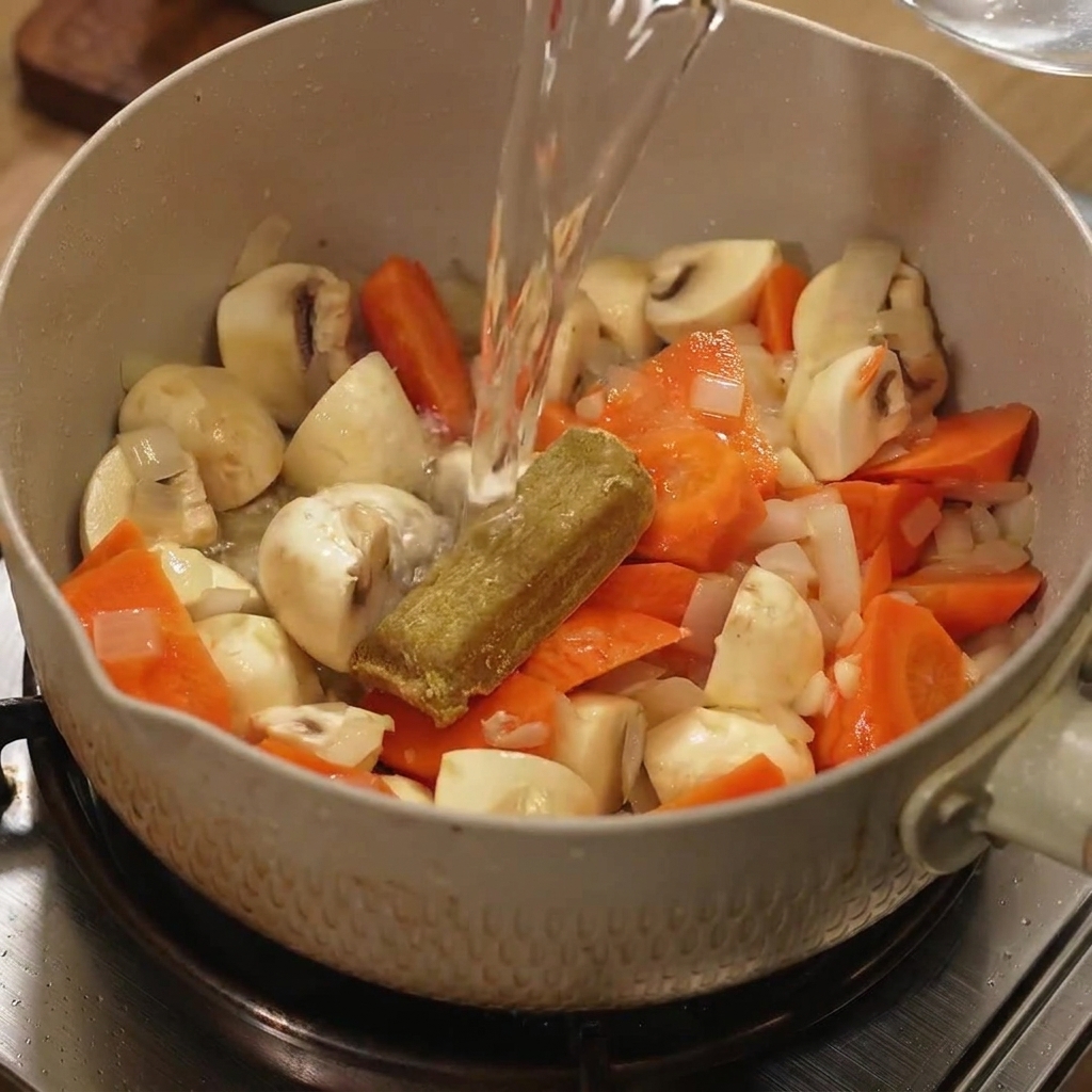 Kostka curry w garnku, na którą wylewana jest wrząca woda.
