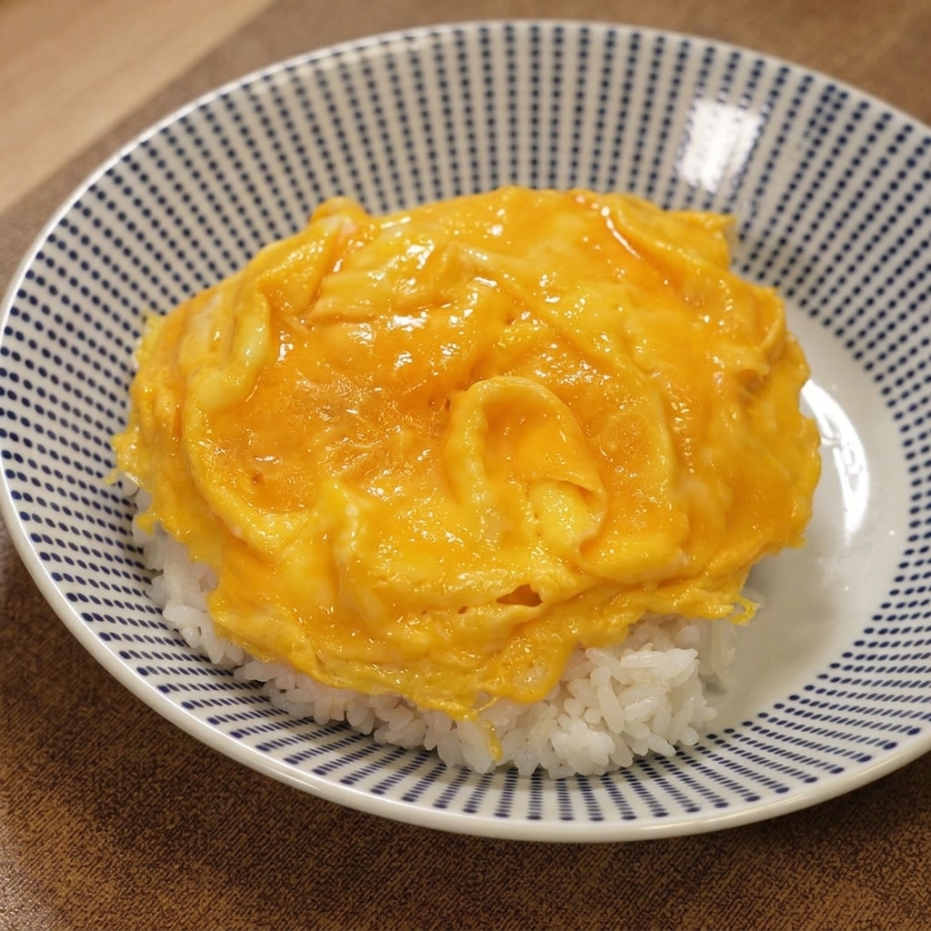 Miska z ryżem, puszystymi jajkami, pokrojonym kotletem i sosem curry.