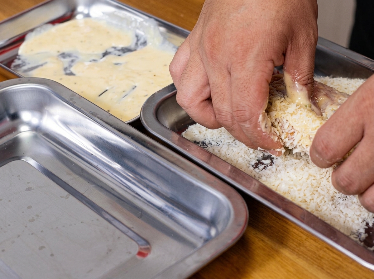 Kotlet z kurczaka dociskany do tacy z bułką tartą panko dla dokładnego pokrycia.