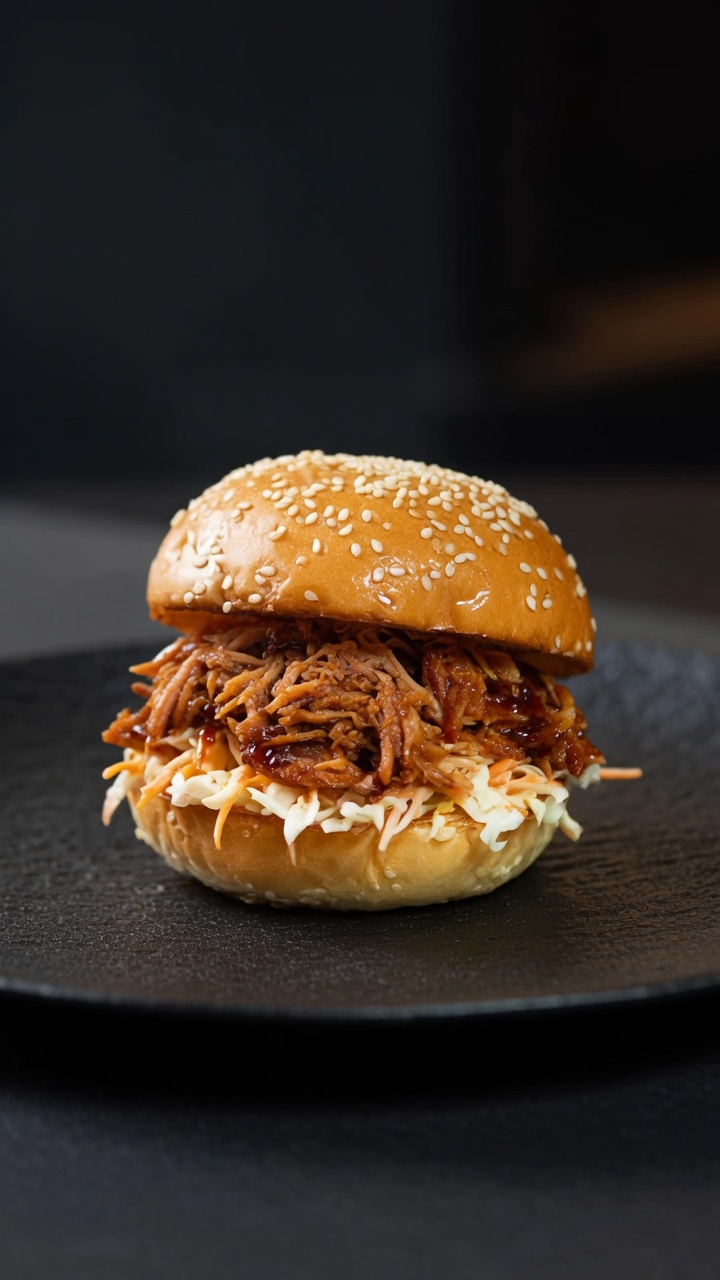 Soczysty burger z szarpaną wieprzowiną