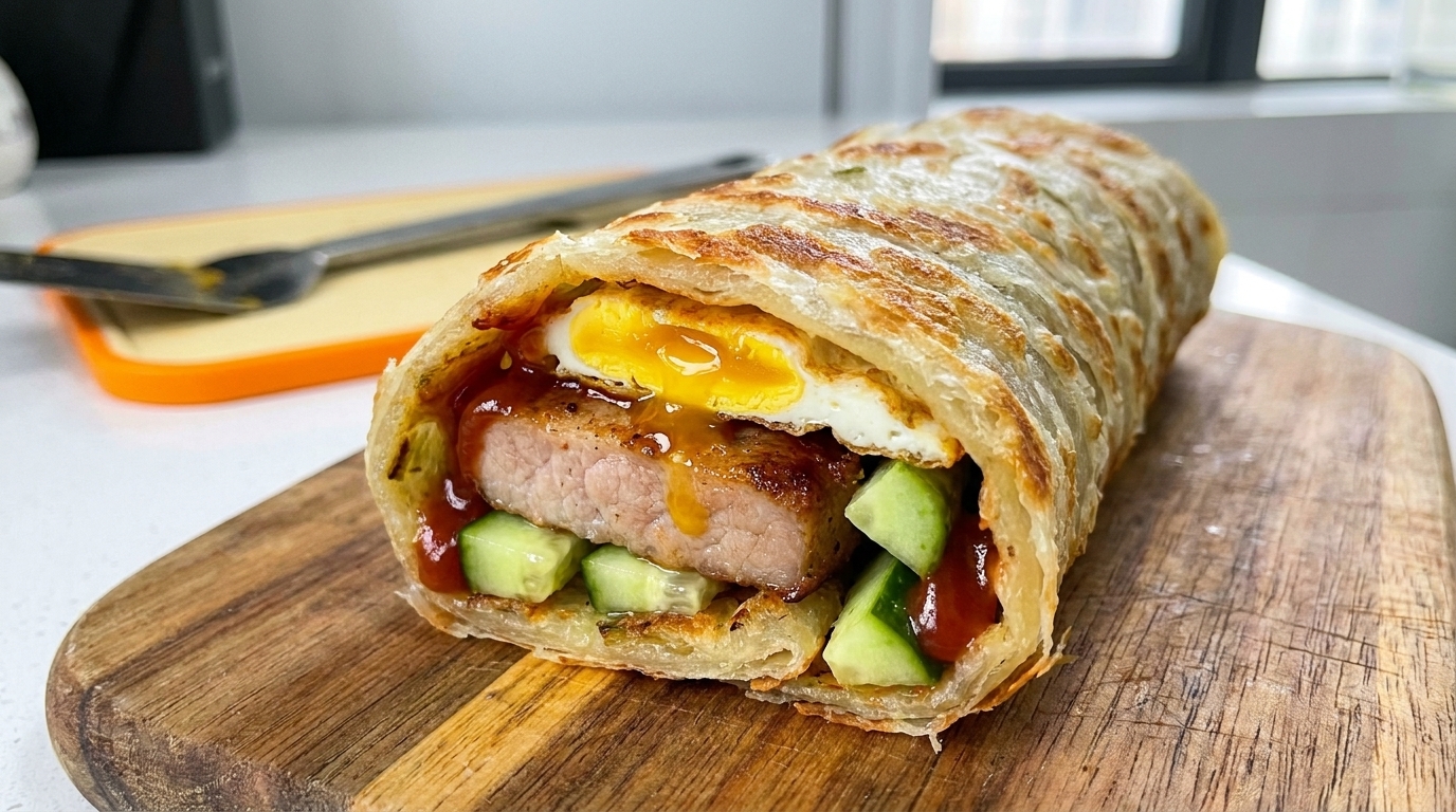 Wrap z plackami scallion, wieprzowiną i jajkiem