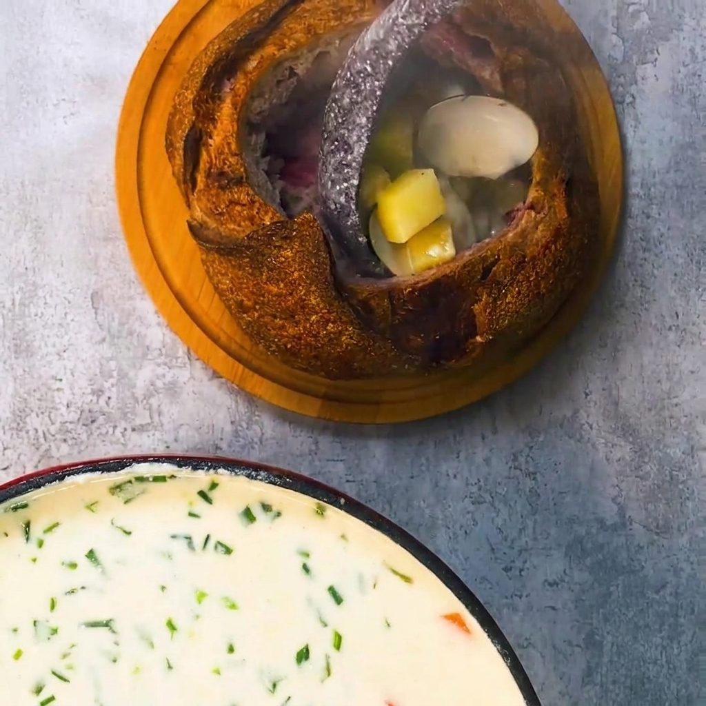Kremowa zupa Clam Chowder nalewana do wydrążonego bochenka chleba na drewnianej desce.