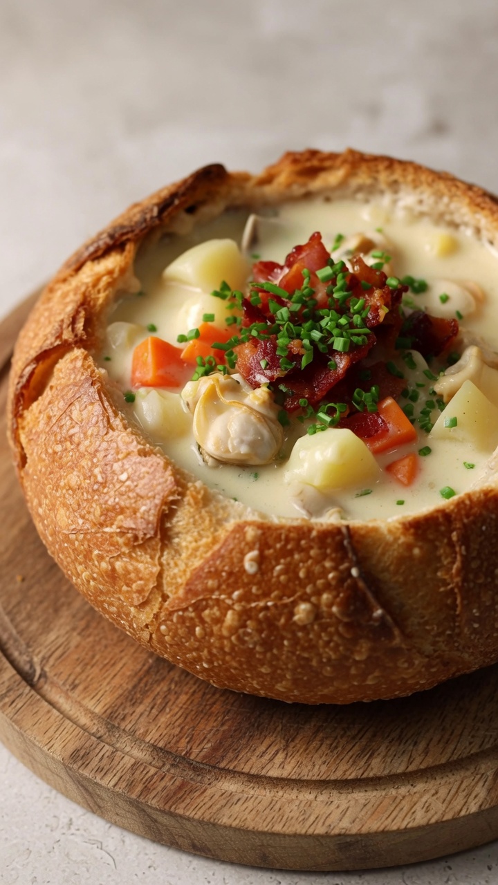 Klasyczna zupa New England Clam Chowder w chlebowej misce