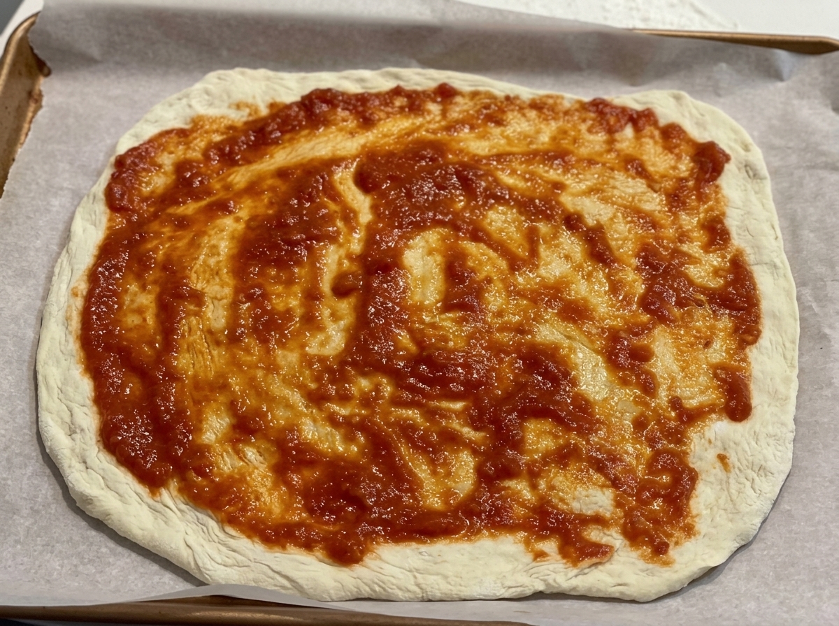 Sos pomidorowy rozprowadzany łyżką równomiernie po spodzie pizzy.