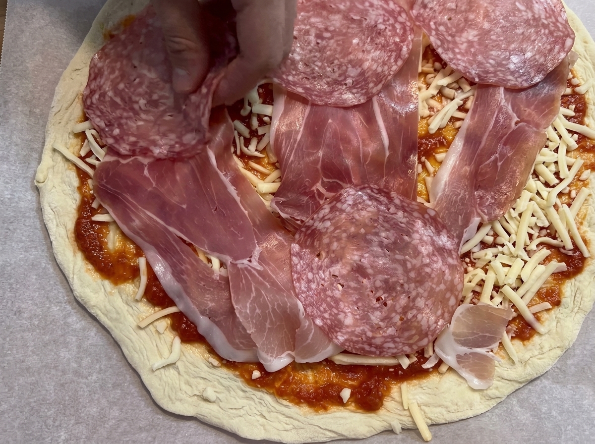 Plastry salami i prosciutto układane na pizzy z serem.