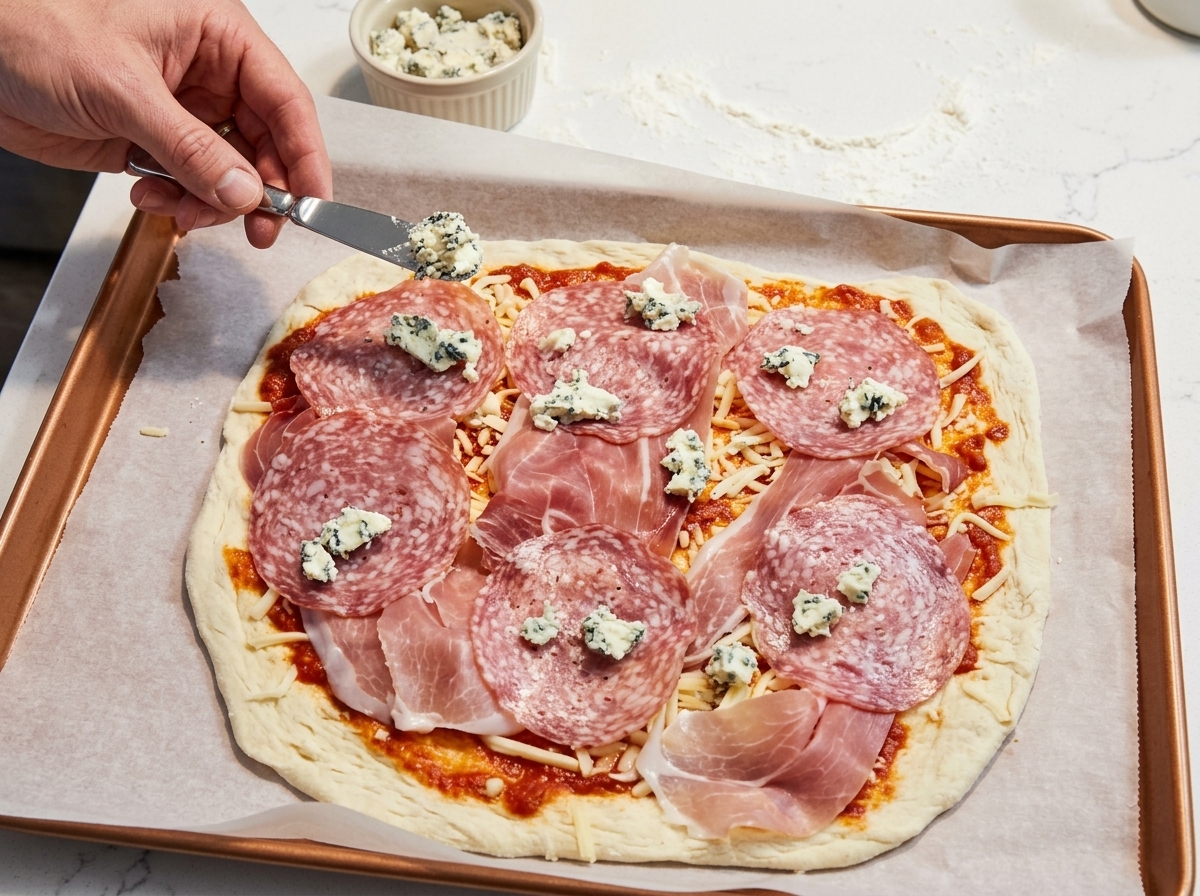 Małe, równe grudki koziego sera nakładane na pizzę nożem.