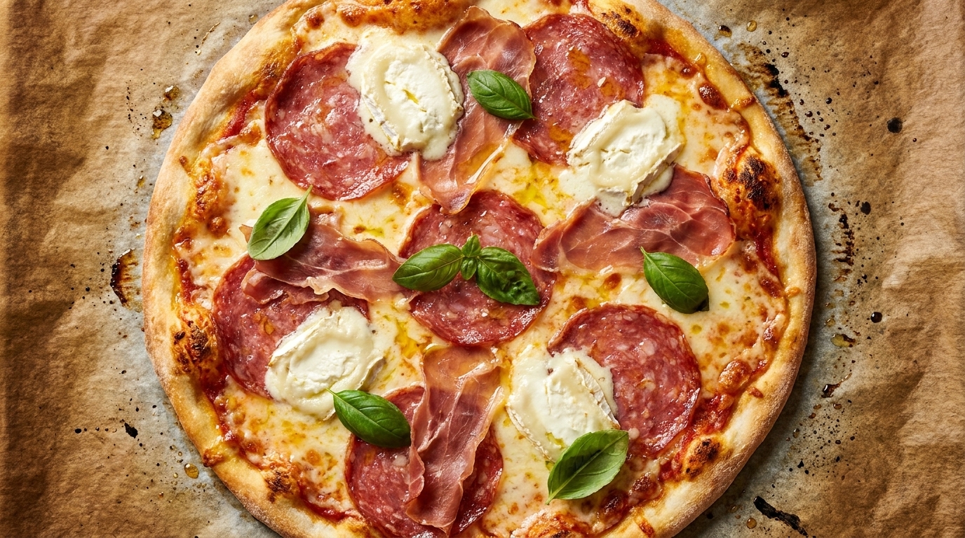 Rzemieślnicza pizza z kozim serem i wędlinami