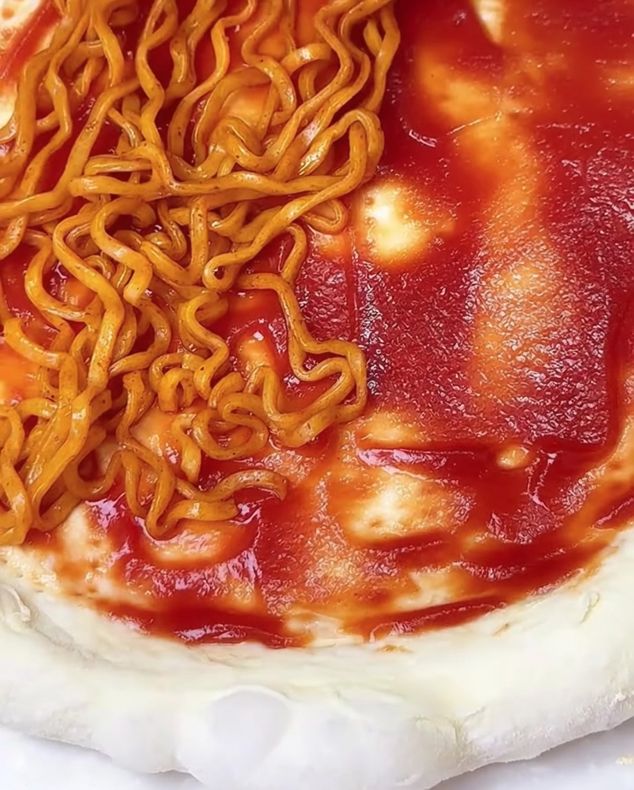Zbliżenie na spód do pizzy z sosem pomidorowym, częściowo przykryty pikantnym makaronem i wodorostami.