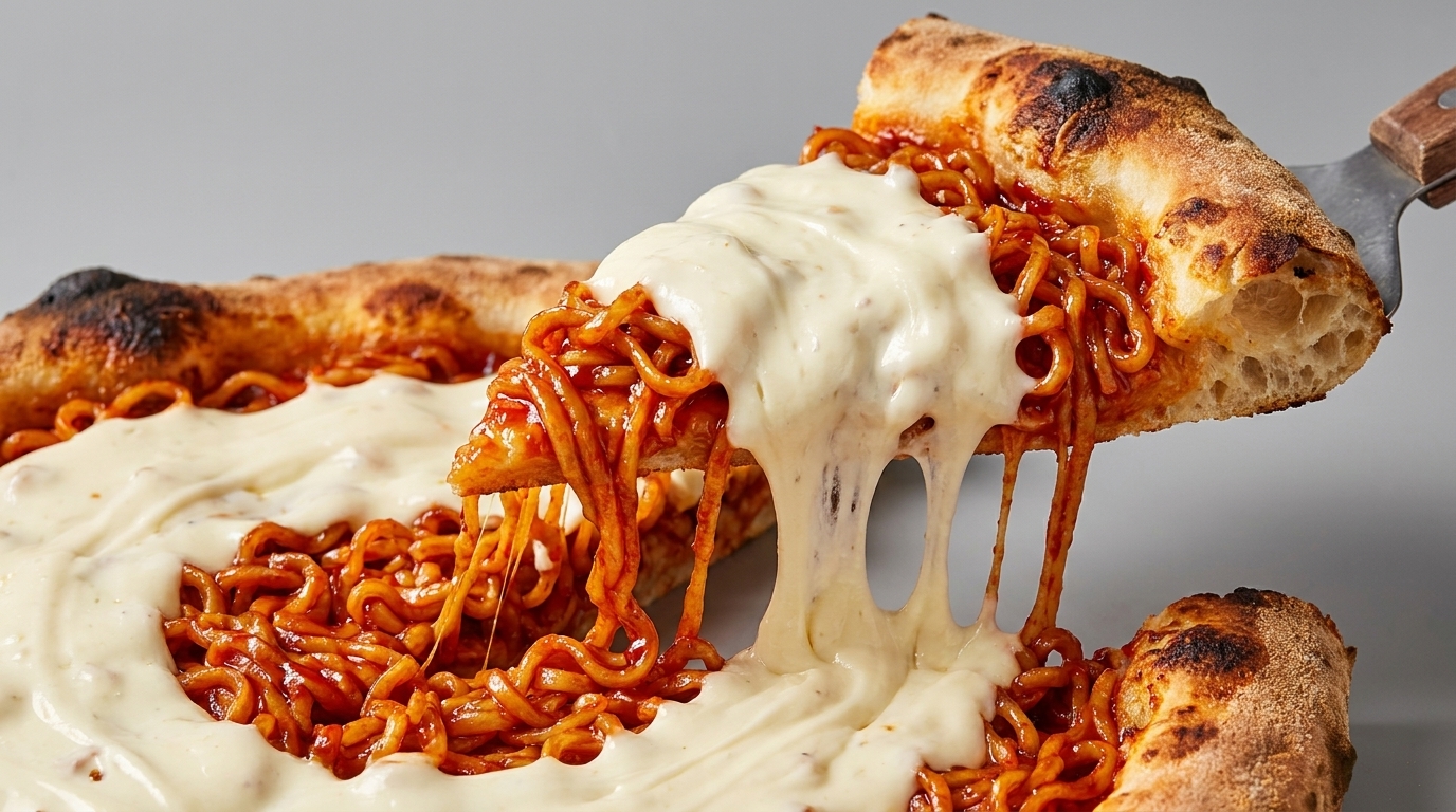 Pizza z makaronem Buldak i kremowym sosem serowym