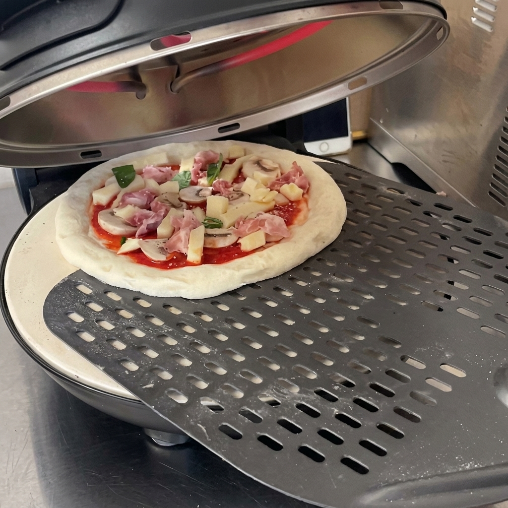 Sos pomidorowy rozprowadzany łyżką na surowym cieście do pizzy.