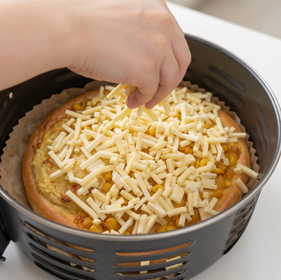 Posypywanie pizzy tartą mozzarellą.