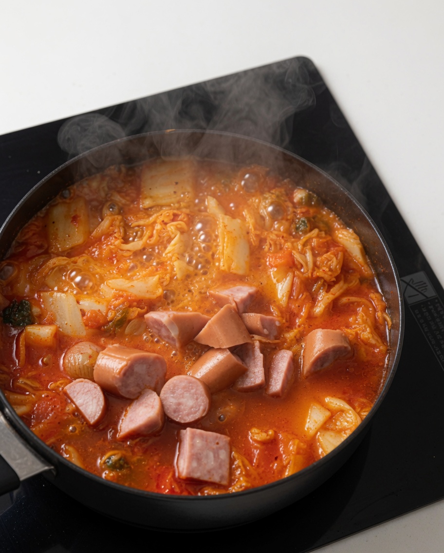 Pokrojone kiełbaski wrzucane do gotującego się bulionu kimchi.