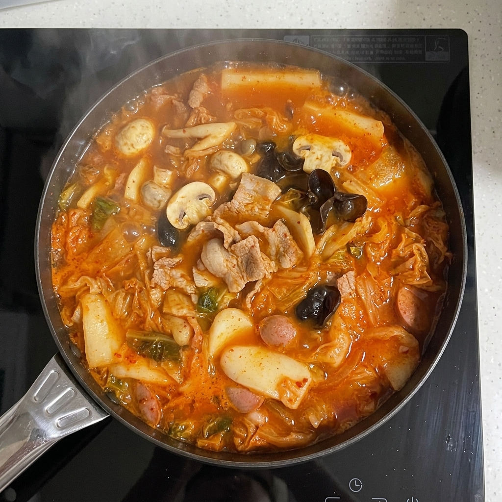 Dwie łyżki jasnoczerwonego chili w proszku dodawane do gotującego się gulaszu.