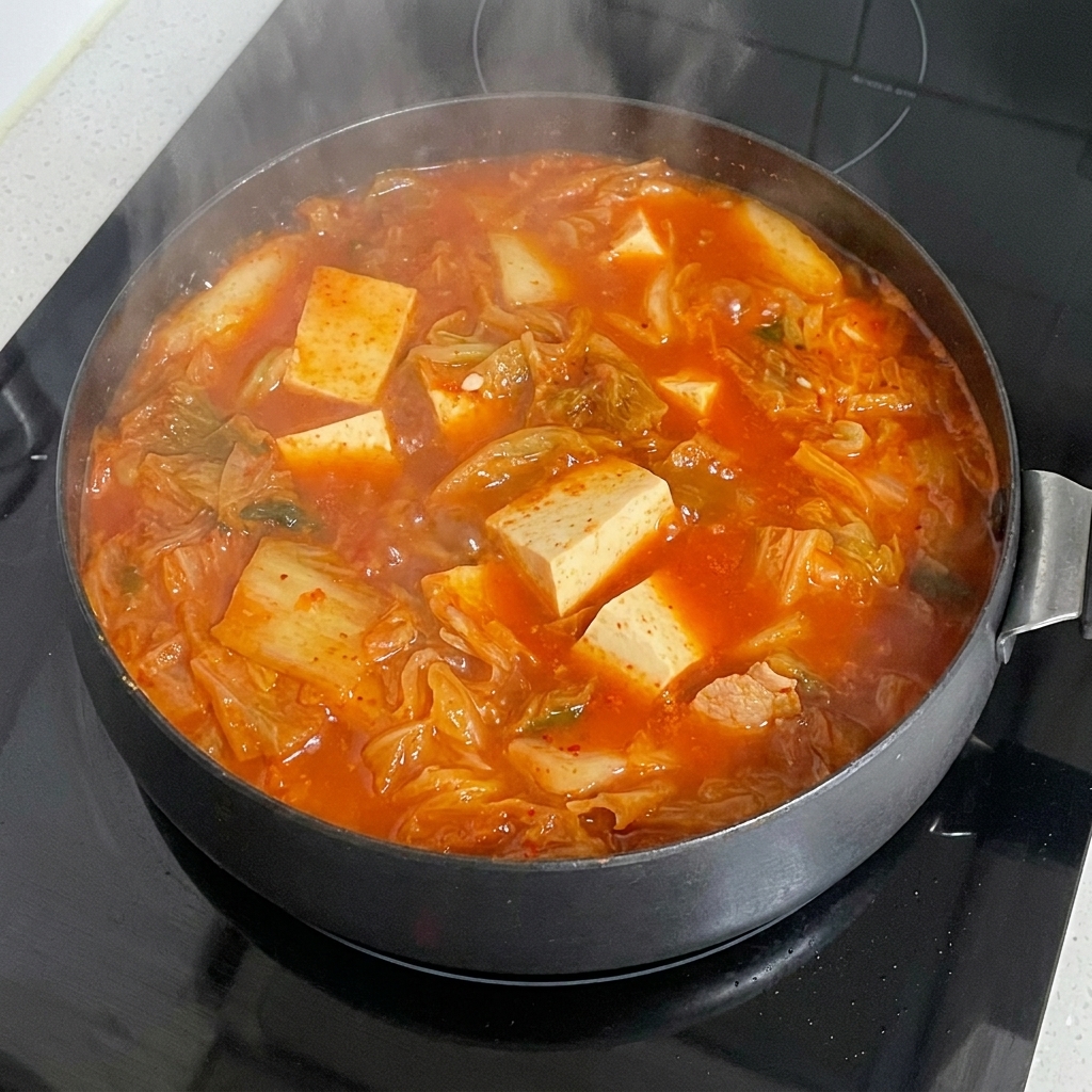 Blok makaronu ramen zanurzany w bulgoczącym, intensywnie czerwonym gulaszu z kimchi, tofu i innymi składnikami.