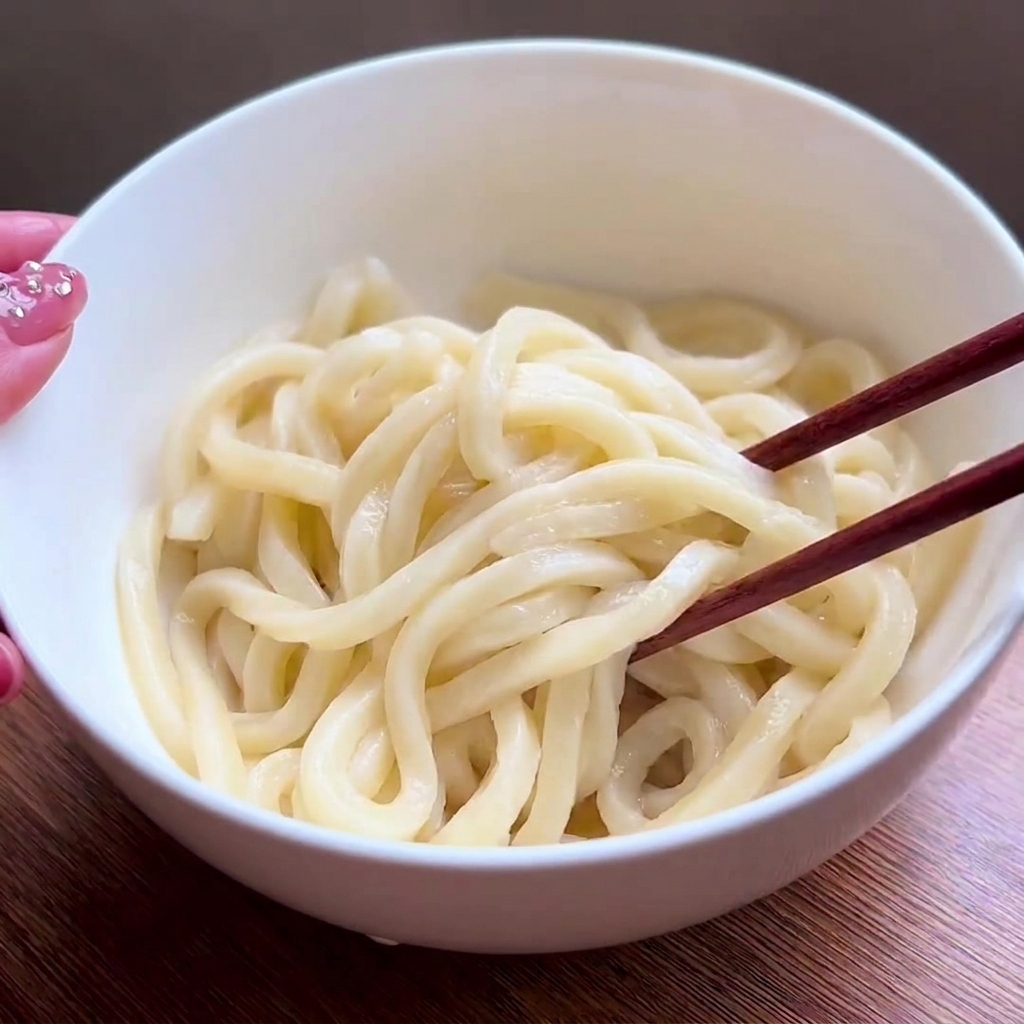 Miska makaronu udon mieszanego z sosem za pomocą pary drewnianych pałeczek.