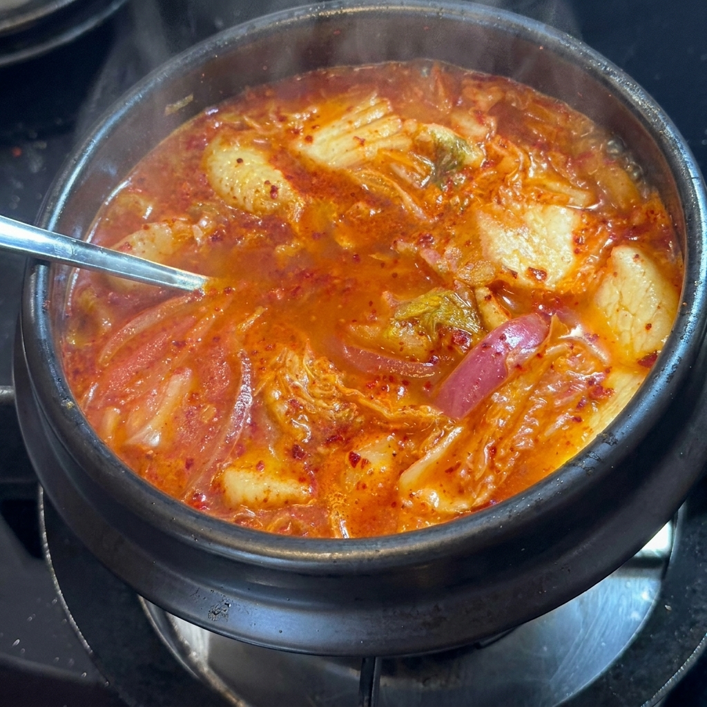 Łyżka cukru dodawana do gotującego się na wolnym ogniu gulaszu z kimchi.