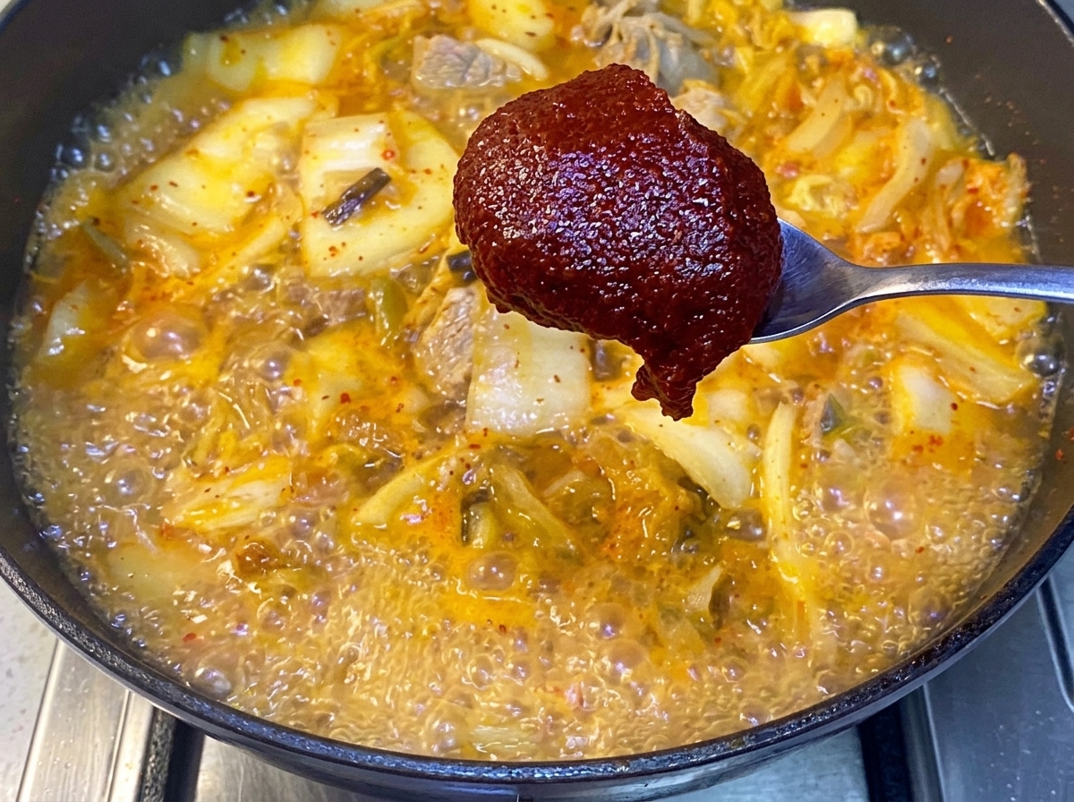 Koreańska pasta chili wprowadzana łyżką do bąbelkującego gulaszu.