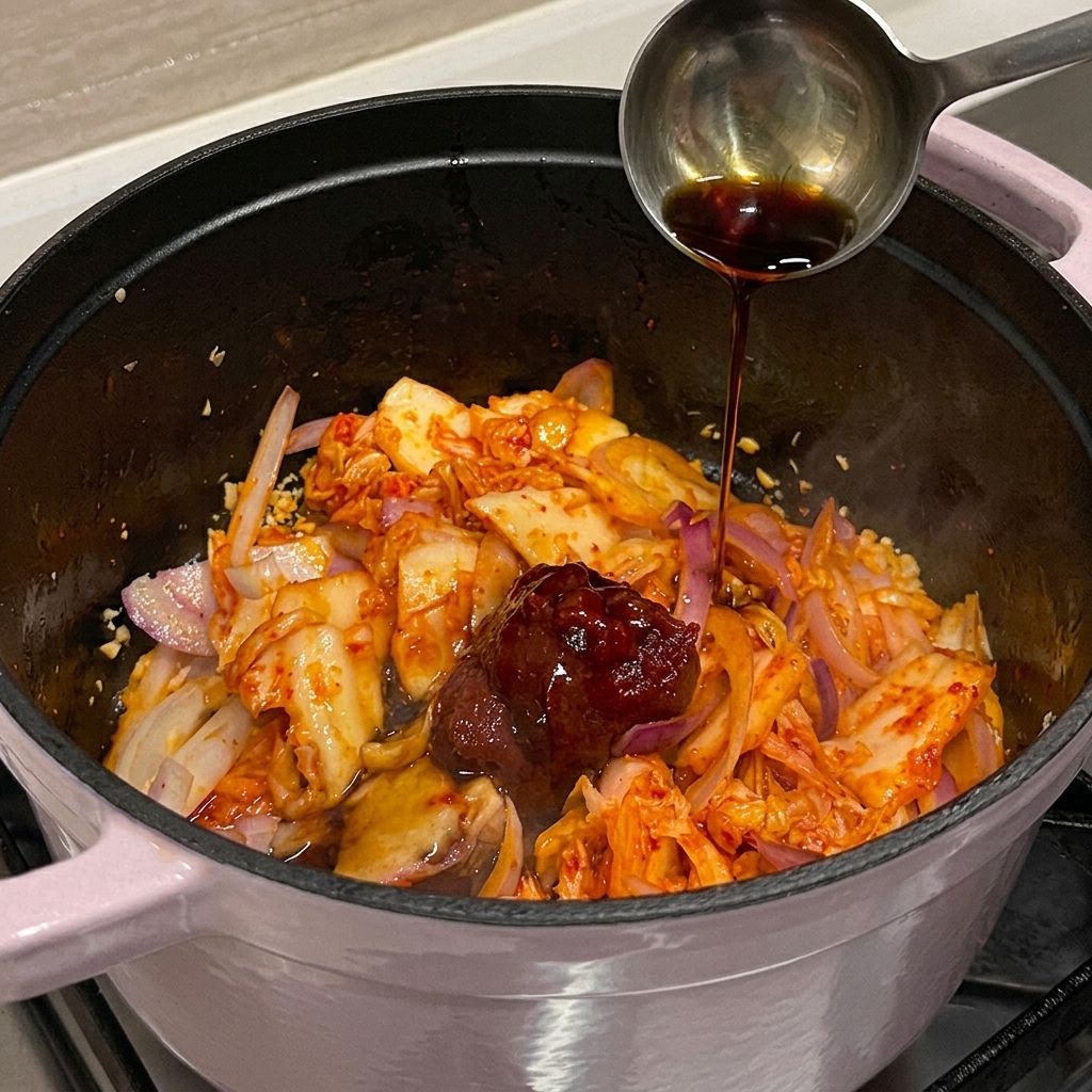 Metalowa chochla wlewa ciemny sos do garnka wypełnionego usmażonym kimchi i czerwoną cebulą.