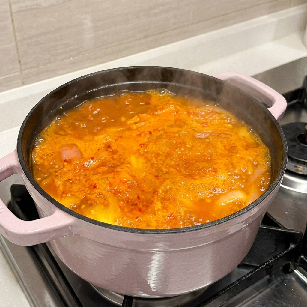 Różowa pokrywka umieszczana na bulgoczącej, aromatycznej zupie z kimchi i żeberkami.