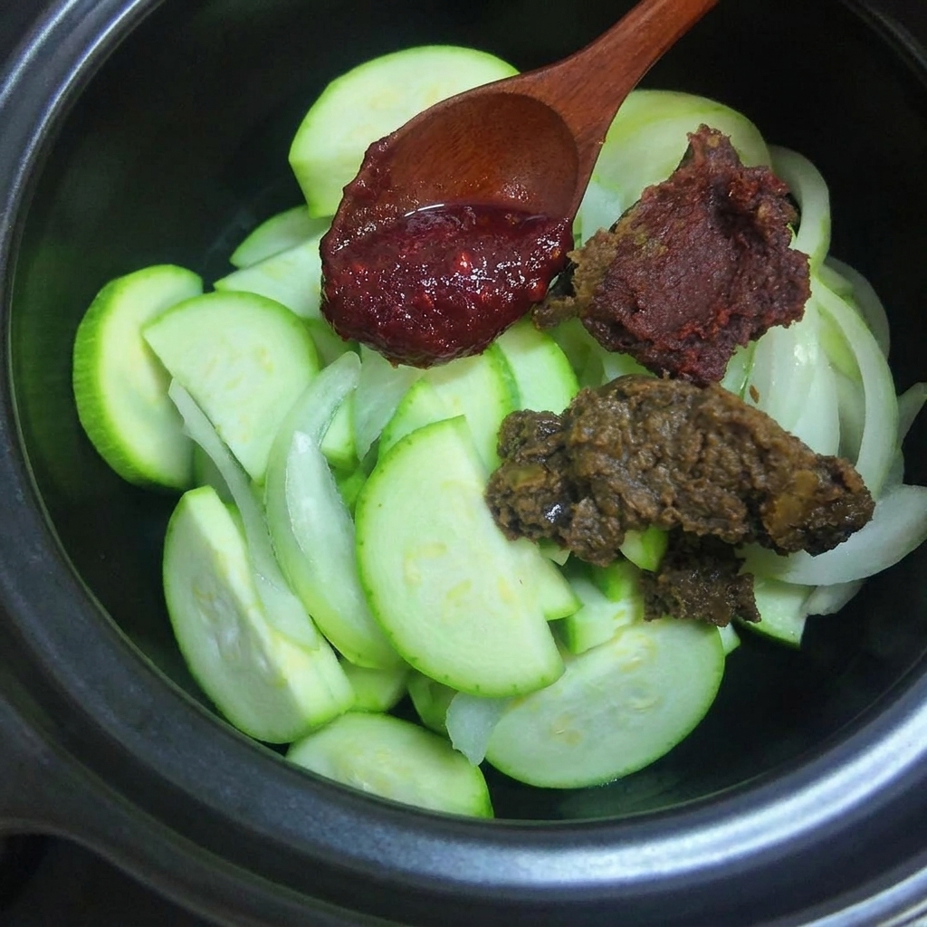 Dwie łyżki ciemnej koreańskiej pasty sojowej i jedna łyżka pasty z czerwonego chili dodane na surowe warzywa w garnku.cite: 1