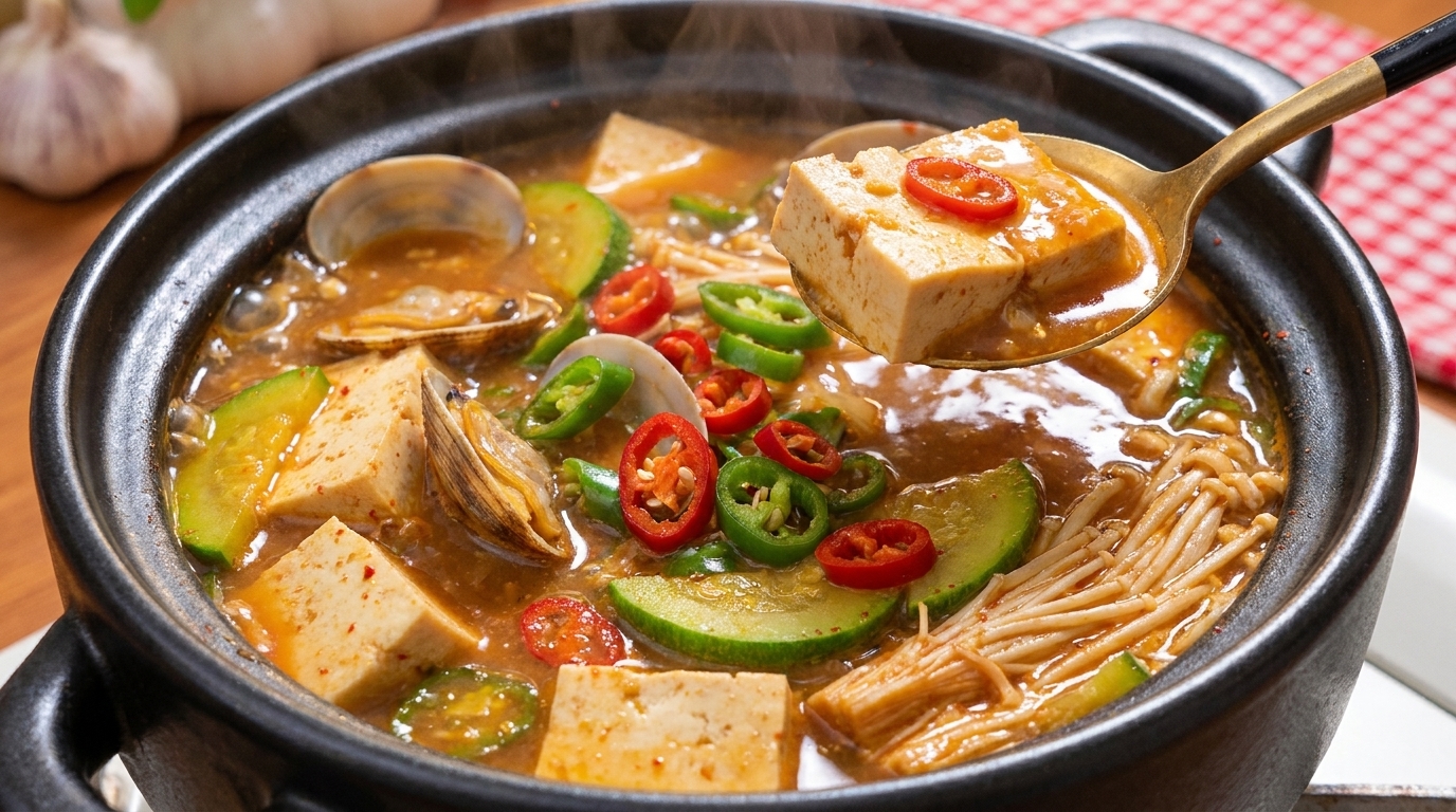 Klasyczne koreańskie Doenjang-jjigae (gulasz z pasty sojowej)