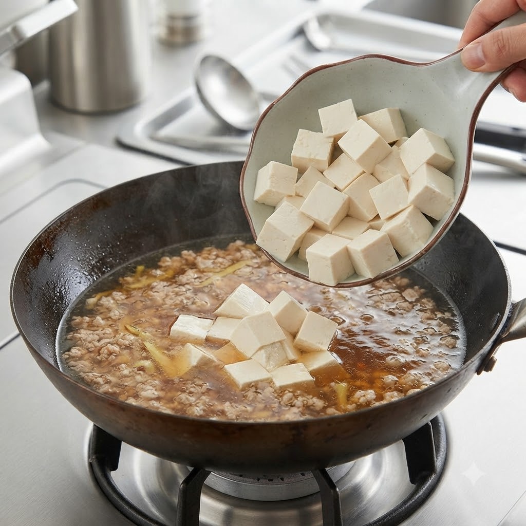 Kostki tofu zsuwające się do gotującego się bulionu.