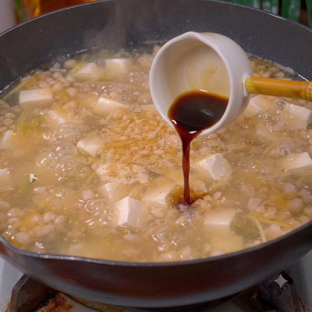 Ciemny sos sojowy wlewany z małej białej chochelki do wrzącego woka wypełnionego zupą, tofu i mięsem.