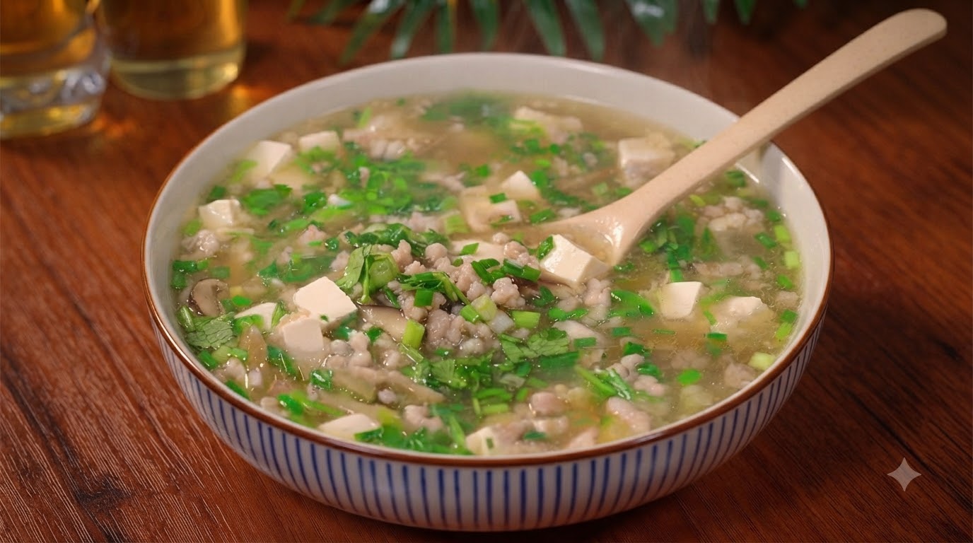 Zupa z mieloną wieprzowiną, tofu i marynowanym liściem musztardowca