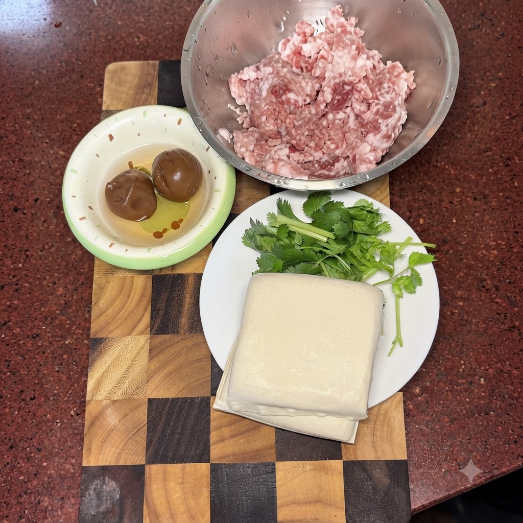 Mielona wieprzowina i solone śliwki siekane razem na drewnianej desce w obecności tofu i kolendry.