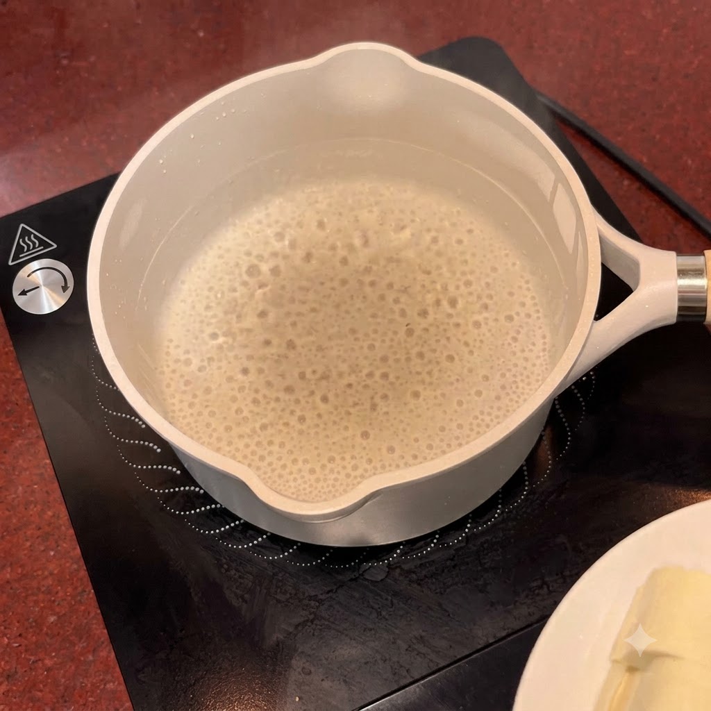 Kawałki tofu gotujące się w garnku z wrzątkiem na czarnej kuchence indukcyjnej.