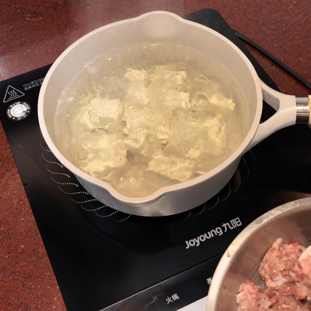Kawałki mielonej wieprzowiny wrzucane łyżką do gotującego się garnka z wodą i tofu.